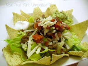 GMO-Free Tasty Taco Salad.  Super flavorful taco meat made with organic grass fed beef, and fresh veggies!  Perfect weeknight meal.  Real Food Girl: Unmodified