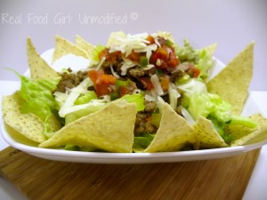 GMO-Free Tasty Taco Salad.  Super flavorful taco meat made with organic grass fed beef, and fresh veggies!  Perfect weeknight meal.  Real Food Girl: Unmodified