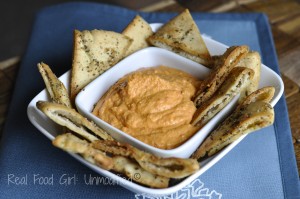 Delicious roasted red pepper hummus with homemade pita chips. Easy and affordable. You'll never buy store bought again! @Real Food Girl: Unmodified
