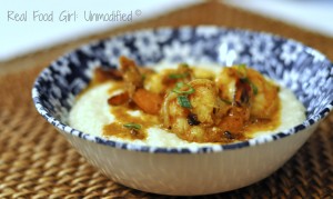 Real & Easy Shrimp-n-Grits.  Cheesy grits topped with shrimp, bacon and a spicy cream sauce.  Southern Comfort Food.  So good!!