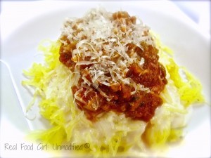 Spaghetti Squash with 2 sauce recipes. GF, Vegetarian sauce option. Comforting, healthy, GMO-Free! Gotta try it! Real Food Girl: Unmodified