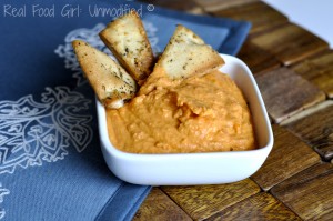 Delicious roasted red pepper hummus with homemade pita chips. Easy and affordable. You'll never buy store bought again! @Real Food Girl: Unmodified