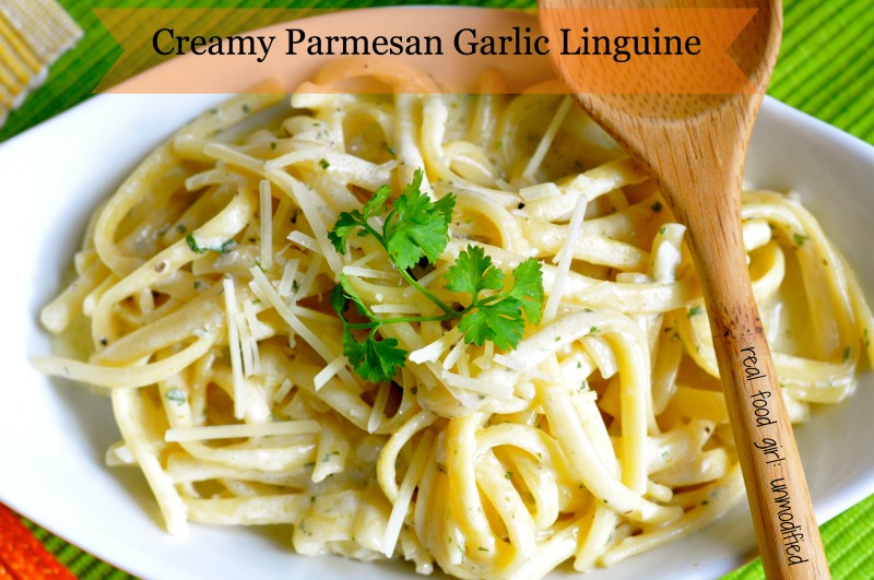 Rich and Creamy Garlic-Parmesan Linguine by Real Food Girl. Must Try This Tonight! Pin & Share!