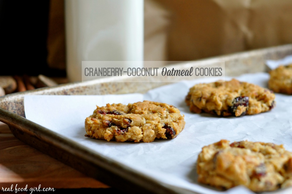 Real Food Girl: Unmodified| Cranberry-Coconut Oatmeal Cookies. Chewy cookies with dried cranberries, sweet coconut, tasty organic oats, cinnamon and nutmeg! Yes Please!