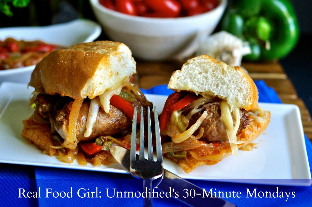 30-Minute Mondays by Real Food Girl Unmodified|Italian Sausage Onion & Pepper Hoagies. Fresh Italian sausage, fresh veggies and melted cheese on a soft hoagie roll. YES please!
