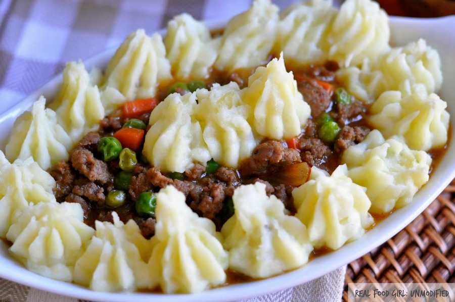 30-Minute Mondays by Real Food Girl: Unmodified- Shepherd's Pie. Savory ground lamb, fresh veggies, rich gravy-like sauce and fluffy mashed potatoes. Yum!