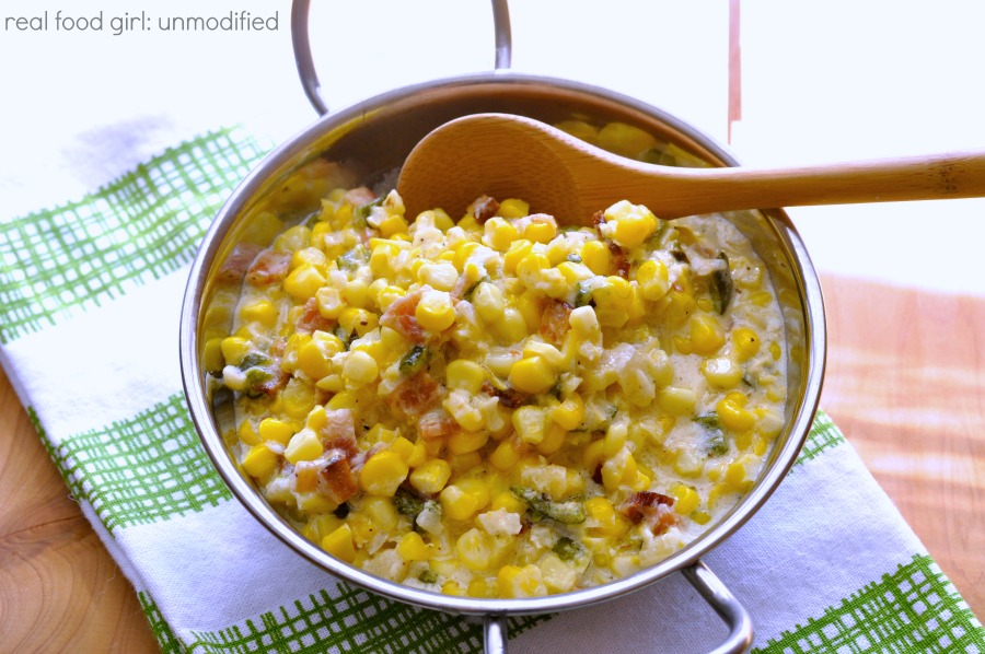 Creamed corn with bacon and poblano pepper by Real Food Girl: Unmodified
